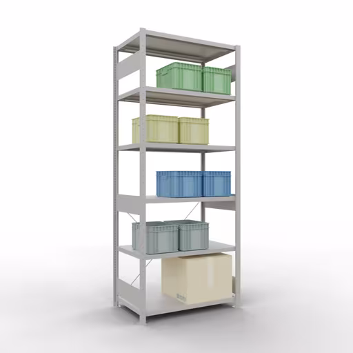 Étagère de base, étagère à étagères, système enfichable MULTIplus250, 2500 x 1000 x 600 mm, 6 étagères, traverse, RAL 7035 gris clair avec le numéro d'article. 32861 Étagère de base, étagère, système enfichable MULTIplus250, 2500 x 1000 x 600 mm, 6 étagères, gris clair RAL 7035 de Schulte Lagertechnik de la catégorie système enfichable