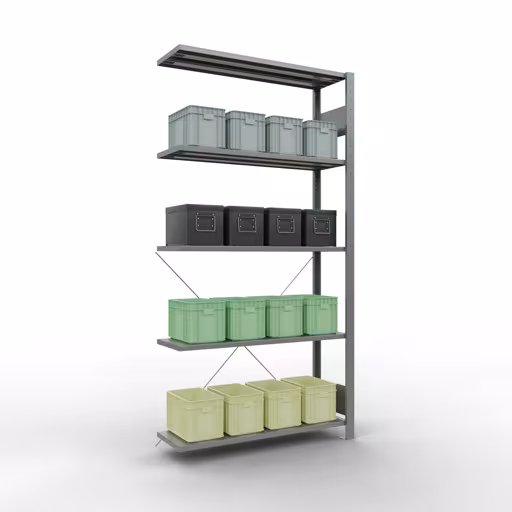 Une autre vue de l'article Etagère complémentaire, étagère d'angle (champ C) 2000 x 1000 x 300, 5 étagères, traverse, galvanisée Une autre vue de l'article Étagère complémentaire, étagère d'angle (champ C) 2000 x 1000 x 300, 5 étagères, galvanisée de la catégorie système enfichable