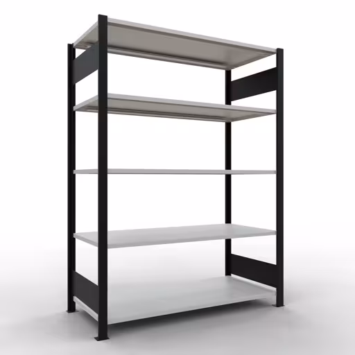 Étagère de base, étagère de bureau, système enfichable MULTIplus150, 1800 x 1300 x 600 mm (HxLxP), 5 tablettes, barres de longueur, sans butée centrale, noir/gris clair, système enfichable, réf. 36056-S