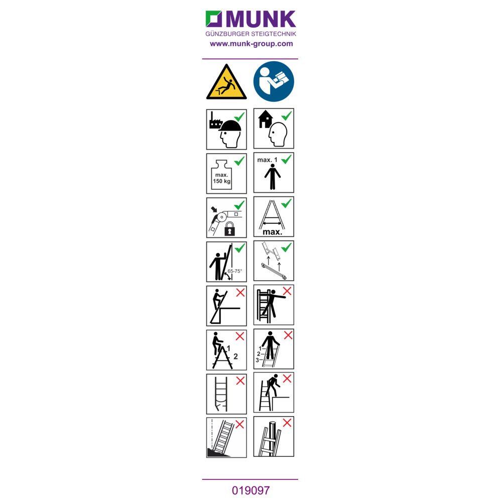 Autocollant d'avertissement Munk pour échelle télescopique avec deux barres transversales, autocollant 19097 de Günzburger Steigtechnik Autocollant d'avertissement Munk pour échelles télescopiques à deux barres transversales, autocollant 19097 de la catégorie échelles télescopiques, référence 019165