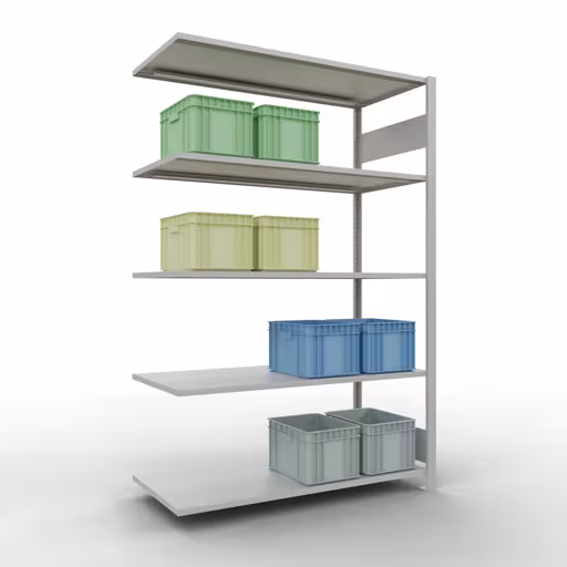 Étagère supplémentaire, étagère, système enfichable MULTIplus150, 2000 x 1300 x 600 mm, 5 étagères, gris clair RAL 7035 avec le GTIN 4004514293305 Rayonnage supplémentaire, étagère, système enfichable MULTIplus150, 2000 x 1300 x 600 mm, 5 étagères, gris clair RAL 7035 de Schulte Lagertechnik avec le numéro d'article. 32665-130-LR