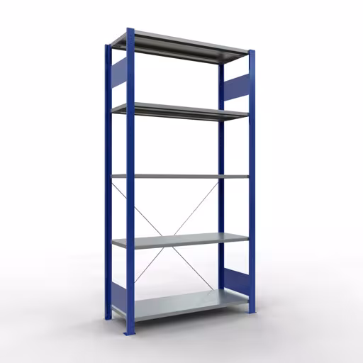 Étagère de base, étagère, système enfichable MULTIplus85, 2000 x 1000 x 400 mm (HxLxP), 5 étagères, traverse, RAL 5010 bleu gentiane, étagère de base, réf. 13140-B