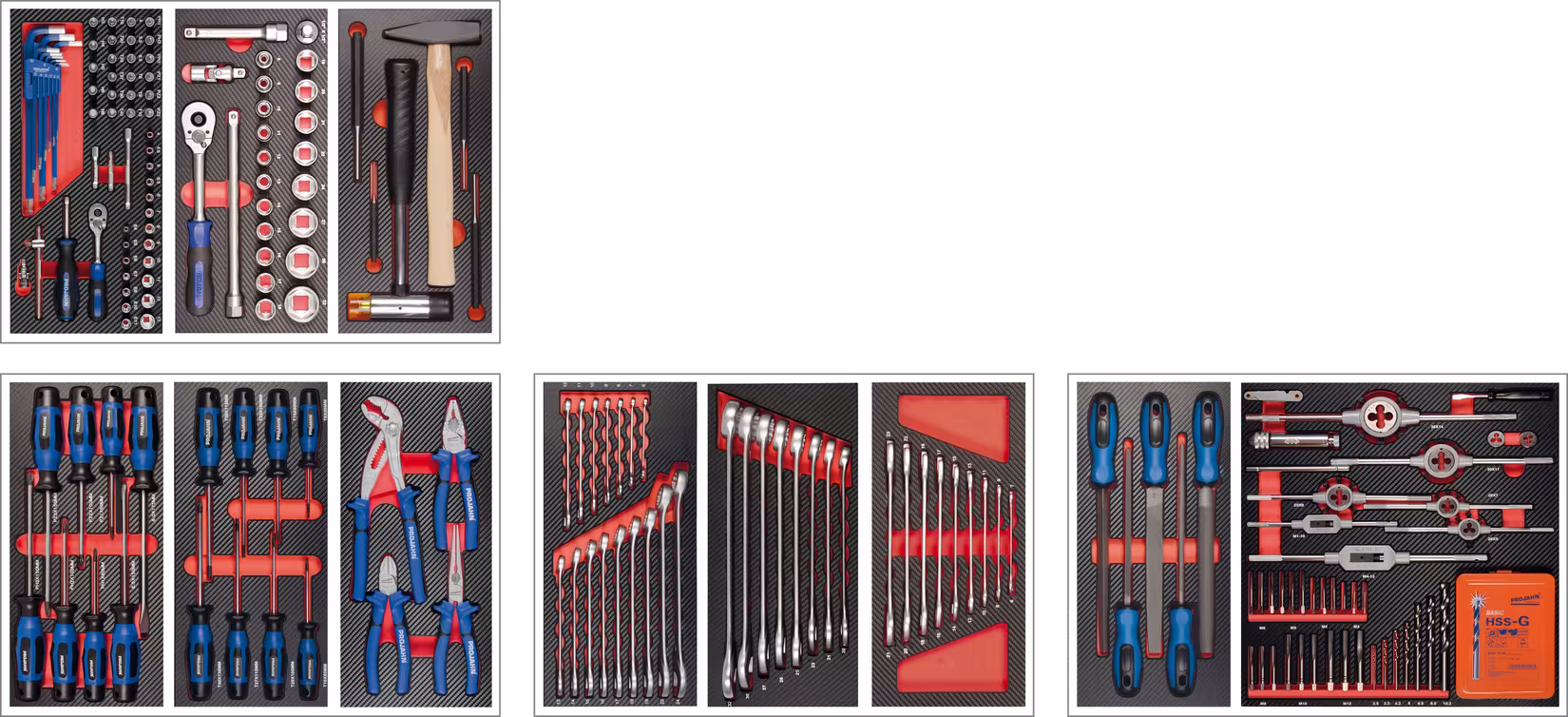 Équipement pour 4 tiroirs 210 pièces de PROJAHN Équipement pour chariot d'atelier pour 4 tiroirs, 210 pièces, systèmes d'organisation et chariots d'atelier, réf. 5995-021