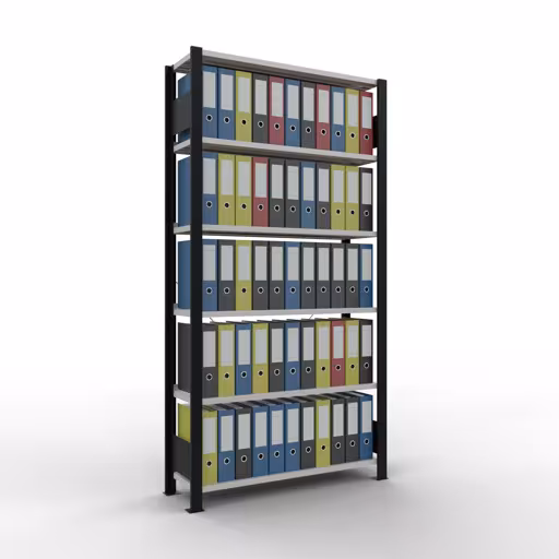 Produktbild Nr 12 des Artikels Grundregal, Büro-Fachbodenregal Stecksystem MULTIplus85, 2000 x 1000 x 300 mm (HxBxT), 6 Fachböden, Kreuzstrebe, mit Anschlagleiste, schwarz/lichtgrau Abbildung Nr 12 des Artikels Grundregal, Büro-Fachbodenregal Stecksystem MULTIplus85, 2000 x 1000 x 300 mm (HxBxT), 6 Fachböden, Kreuzstrebe, mit Anschlagleiste, schwarz/lichtgrau aus der Produktgruppe Büroregale von der Marke Schulte Lagertechnik