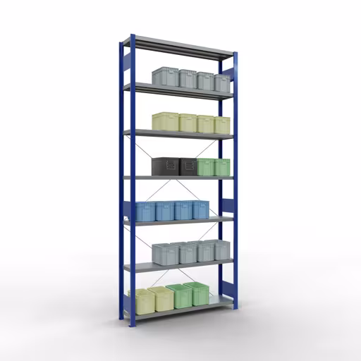 Figure n° 7 de l'article étagère de base, étagère, système enfichable MULTIplus250, 3000 x 1300 x 300 mm, 7 étagères, traverse, RAL 5010 bleu gentiane/galvanisé du groupe de produits système enfichable de Schulte Lagertechnik