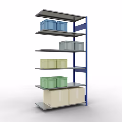 Rayonnage supplémentaire, étagère, système enfichable MULTIplus150, 2500 x 1300 x 600 mm (HxLxP), 6 étagères, barres de longueur, RAL 5010 bleu gentiane/galvanisé avec le GTIN 4004514281104 Rayonnage supplémentaire, rayonnage à étagères, système enfichable MULTIplus150, 2500 x 1300 x 600 mm, 6 étagères, RAL 5010 bleu gentiane/galvanisé de Schulte Lagertechnik avec le numéro d'article. 12766-130-LR-B