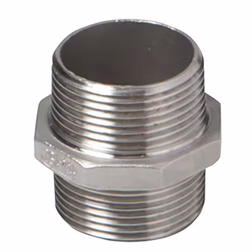 Mamelon double en acier inoxydable a/a n° 280 1/2 pouce (AISI 316) / PN16 d'Atusa Raccord double Atusa en acier inoxydable AG-AG n° 280 (AISI 316) / PN16, raccords filetés en acier inoxydable, réf. I280L003