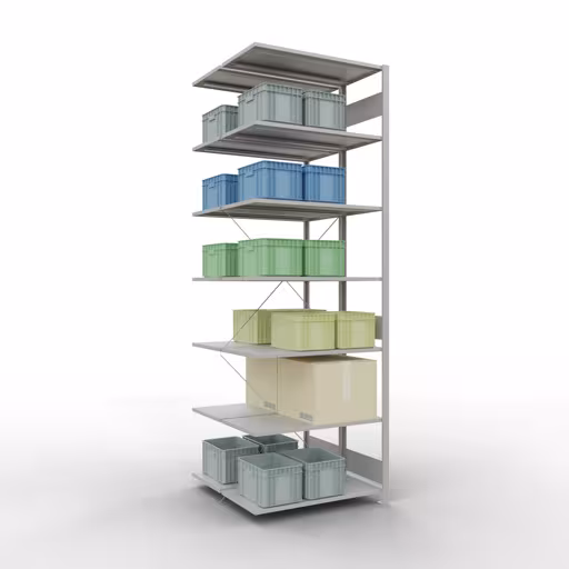 Rayonnage supplémentaire, rayonnage double, système d'étagères MULTIplus150, 3000 x 1000 x (2x1000) mm (HxLxP), 2x7 tablettes, traverse, RAL 7035 gris clair avec le GTIN 4058255035243 Rayonnage supplémentaire, rayonnage double, système d'étagères MULTIplus150, 3000 x 1000 x (2x1000) mm, 2x7 tablettes, traverse, RAL 7035 gris clair de Schulte Lagertechnik avec le numéro d'article 110101. 32757