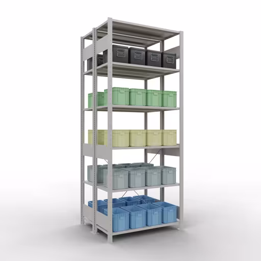 Figura n. 10 dell'articolo scaffale base, scaffale doppio, sistema a innesto per scaffali MULTIplus150, 2500 x 1000 x (2x400) mm (AxLxP), 2x6 ripiani, traversa, RAL 7035 grigio chiaro dal gruppo di prodotti scaffali della marca Schulte Lagertechnik