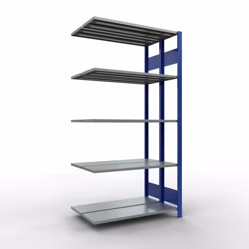 Rayonnage supplémentaire, rayonnage double, système d'étagères MULTIplus150, 2000 x 1000 x (2x300) mm (HxLxP), 2x5 rayons, barres de longueur, RAL 5010 bleu gentiane, rayons doubles, réf. 33135-B