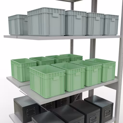 Une autre vue de l'article Tablette supplémentaire, tablette double, système d'étagères enfichables MULTIplus150, 2500 x 1000 x (2x400) mm, 2x6 tablettes, traverse, RAL 7035 gris clair Une autre vue de l'article, étagère double, système d'étagères MULTIplus150, 2500 x 1000 x (2x400) mm, 2x6 étagères, gris clair RAL 7035 de la catégorie étagère