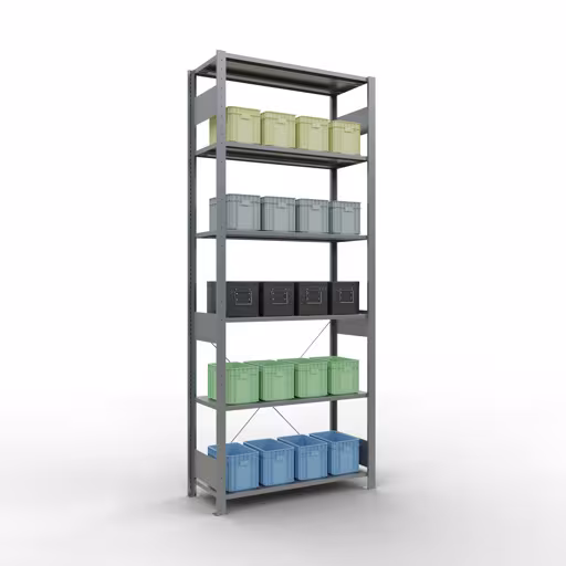 Image du produit n° 14 de l'article étagère de base, étagère, système enfichable MULTIplus85, 2500 x 1000 x 400 mm (HxLxP), 6 étagères, traverse, galvanisé Figure n° 14 de l'article étagère de base, étagère, système enfichable MULTIplus85, 2500 x 1000 x 400 mm, 6 étagères, traverse, galvanisée du groupe de produits système enfichable de la marque Schulte Lagertechnik