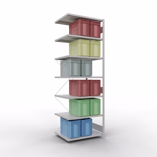 Produktbild Nr 13 des Artikels Anbauregal, Fachbodenregal Stecksystem MULTIplus330, 3000 x 1000 x 800 mm (HxBxT), 7 Fachböden, Kreuzstrebe, RAL 7035 lichtgrau Abbildung Nr 13 des Artikels Anbauregal, Fachbodenregal Stecksystem MULTIplus330, 3000 x 1000 x 800 mm (HxBxT), 7 Fachböden, Kreuzstrebe, RAL 7035 lichtgrau aus der Produktgruppe Stecksystem von der Marke Schulte Lagertechnik