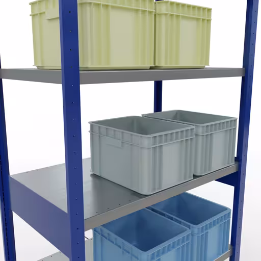 Représentation supplémentaire de l'article Étagère de base, étagère à étagères système enfichable MULTIplus250, 2500 x 1000 x 600 mm, 6 étagères, traverse, RAL 5010 bleu gentiane/galvanisé à partir de l'étagère de base