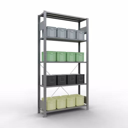 Image du produit n° 15 de l'article étagère de base, étagère, système enfichable MULTIplus85, 2000 x 1000 x 300 mm (HxLxP), 5 étagères, traverse, galvanisé Figure n° 15 de l'article étagère de base, étagère, système enfichable MULTIplus85, 2000 x 1000 x 300 mm, 5 étagères, traverse, galvanisée du groupe de produits système enfichable de la marque Schulte Lagertechnik