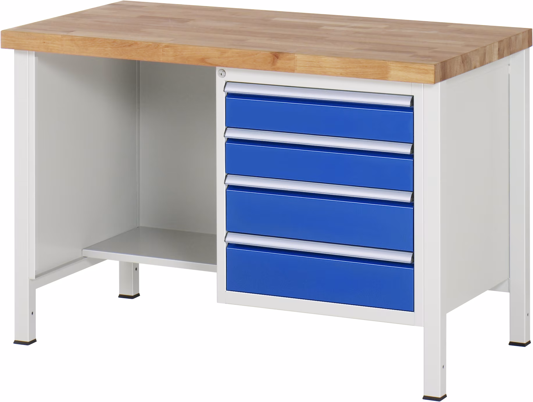 Établi réglable en hauteur 8453A2, L1250xP700xH840-1040mm, 4x tiroirs à extension partielle de Rau Établi réglable en hauteur 8453A2 de la catégorie Établis avec le numéro d'article 03-8453A2-127B4H.11