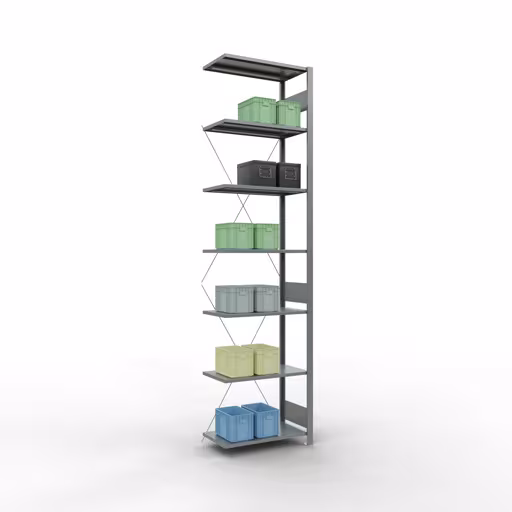 Scaffali aggiuntivi, scaffali, sistema a innesto MULTIplus150, 3000 x 750 x 400 mm (AxLxP), 7 ripiani, traversa, zincato con GTIN 4004514205018 Scaffali aggiuntivi, scaffali, sistema a innesto MULTIplus150, 3000 x 750 x 400 mm (AxLxP), 7 ripiani, traversa, zincato di Schulte Lagertechnik con l'articolo n. 12747-75