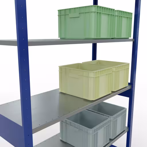 Scaffale base, scaffale, sistema a innesto MULTIplus150, 2500 x 1300 x 500 mm (AxLxP), 6 ripiani, barre longitudinali, RAL 5010 blu genziana/zincato di Schulte Lagertechnik con l'articolo n. 12751-130-LR-B