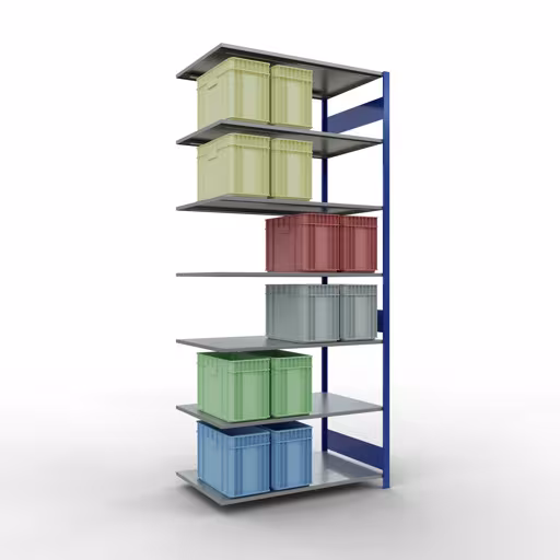 Rayonnage supplémentaire, étagère, système enfichable MULTIplus150, 3000 x 1300 x 800 mm (HxLxP), 7 étagères, barres de longueur, RAL 5010 bleu gentiane/galvanisé de la catégorie des étagères supplémentaires avec le GTIN 4004514281654 Rayonnage supplémentaire, étagère, système enfichable MULTIplus150, 3000 x 1300 x 800 mm, 7 étagères, RAL 5010 bleu gentiane/galvanisé de la marque Schulte Lagertechnik de la gamme de produits du système enfichable