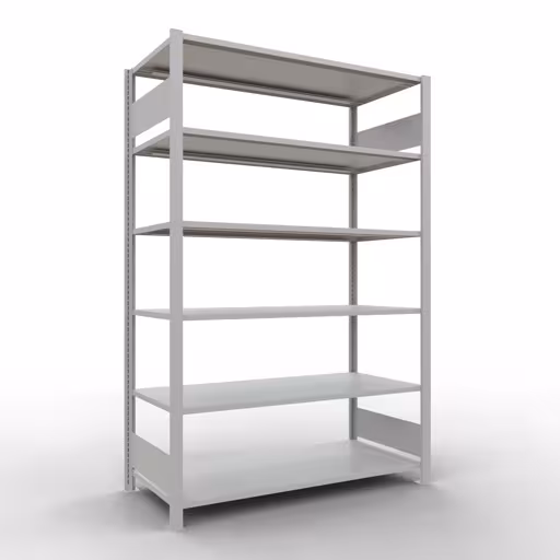 Étagère de base, étagère de bureau, système enfichable MULTIplus150, 2000 x 1300 x 600 mm (HxLxP), 6 tablettes, barres de longueur, sans butée centrale, gris clair, système enfichable, réf. 36062
