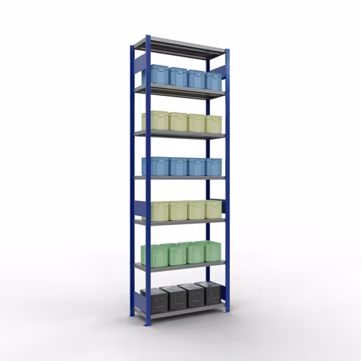 Image du produit n° 12 de l'article étagère de base, étagère, système enfichable MULTIplus330, 3000 x 1000 x 400 mm, 7 étagères, barre de longueur, RAL 5010 bleu gentiane/galvanisé Figure n° 12 de l'article étagère de base, étagère, système enfichable MULTIplus330, 3000 x 1000 x 400 mm, 7 étagères, RAL 5010 bleu gentiane/galvanisé du groupe de produits système enfichable de Schulte Lagertechnik