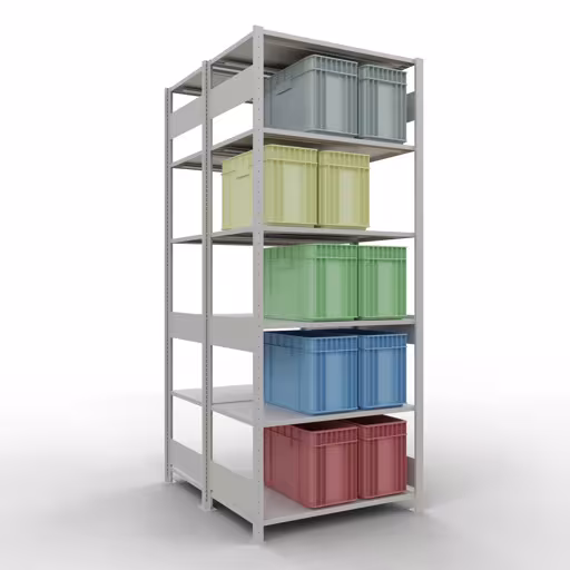 Produktbild Nr.16 des Artikels Grundregal, Doppelregal, Fachbodenregal Stecksystem MULTIplus150, 2500 x 1000 x (2x600) mm (HxBxT), 2x6 Fachböden, Längenriegel, RAL 7035 lichtgrau aus der Produktreihe Fachbodenregale von der Marke Schulte Lagertechnik