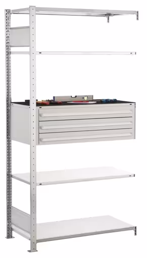 Étagère supplémentaire, étagère à tiroirs MULTIplus150, 2000 x 1000 x 500 mm (HxLxP), 4 étagères MULTIplus150, 1 jeu de 3 tiroirs, galvanisé, étagères à tiroirs, réf. 14685