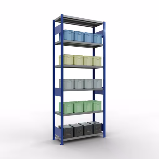 Étagère de base, étagère à étagères, système enfichable MULTIplus250, 2500 x 1000 x 400 mm, 6 étagères, RAL 5010 bleu gentiane/galvanisé de Schulte Lagertechnik avec le numéro d'article. 12941-LR-B