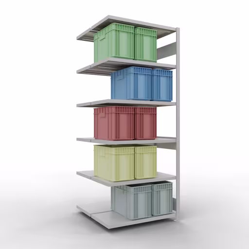 Une autre vue de l'article, étagère double, système d'étagères MULTIplus250, 2500 x 1000 x (2x500) mm, 2x6 étagères, gris clair RAL 7035 de la catégorie étagère