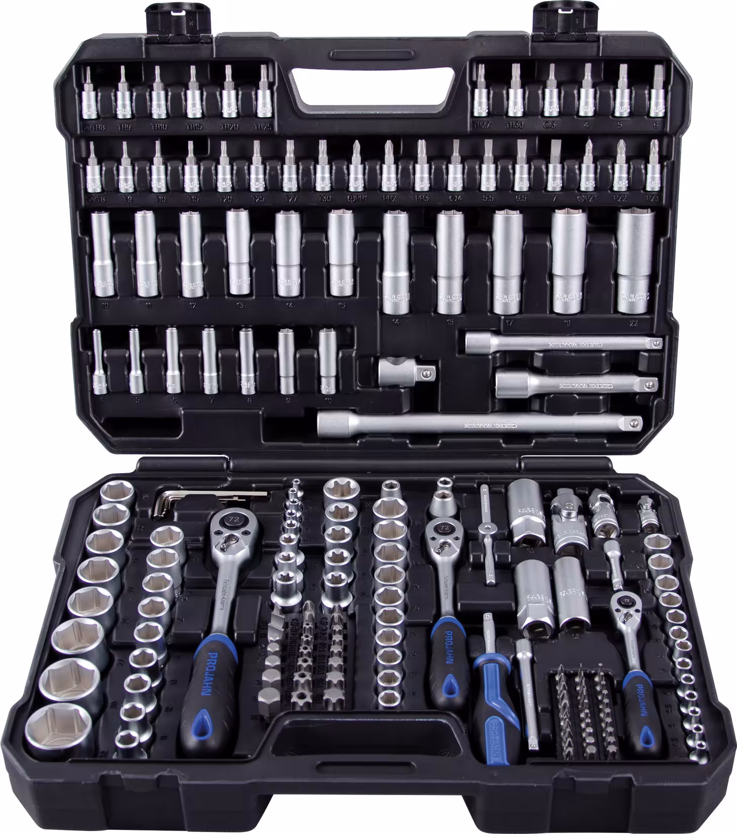 Produktbild Nr 6 des Artikels 1/4" + 3/8" + 1/2" proficraft Satz 182tlg., 72 Zahn Knarren Abbildung Nr 6 des Artikels 1/4" + 3/8" + 1/2" proficraft Satz 182tlg., 72 Zahn Knarren aus der Produktgruppe Handwerkzeuge von der Marke PROJAHN