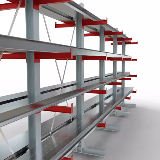 Etagère complète K 3000, double face, 2500 x 6500 x 400 mm, RAL 7001 / RAL 3000, 5 niveaux de stockage de la catégorie K3000 pour marchandises moyennement lourdes avec le GTIN 4058255001545 Rayonnage complet K 3000, double face, 2500 x 6500 x 400 mm, RAL 7001 / RAL 3000, 5 niveaux de stockage de Schulte Lagertechnik de la gamme de rayonnages cantilever