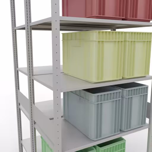 Immagine aggiuntiva dell'articolo Scaffale base, scaffale doppio, sistema a innesto per scaffale MULTIplus150, 3000 x 1000 x (2x600) mm (AxLxP), 2x7 ripiani, barre longitudinali, RAL 7035 grigio chiaro da ripiani doppi