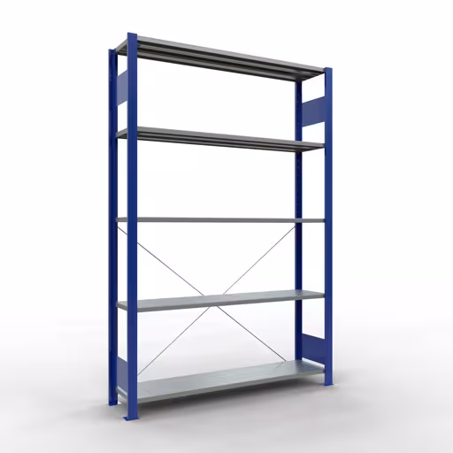 Étagère de base, étagère, système enfichable MULTIplus150, 2000 x 1300 x 300 mm, 5 étagères, traverse, RAL 5010 bleu gentiane/galvanisé de Schulte Lagertechnik avec le numéro d'article. 12730-130-B