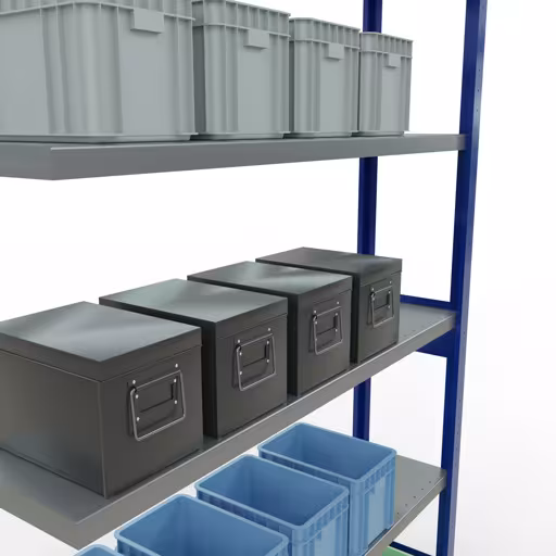 Scaffali aggiuntivi, scaffali, sistema a innesto MULTIplus250, 2500 x 1300 x 300 mm (AxLxP), 6 ripiani, barre longitudinali, RAL 5010 blu genziana/zincato di Schulte Lagertechnik della categoria Sistemi a innesto