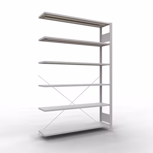 Rayonnage supplémentaire, étagère de bureau, système enfichable MULTIplus85, 2000 x 1300 x 300 mm (HxLxP), 6 tablettes, traverse, sans barre d'arrêt, gris clair, système enfichable, réf. 36029