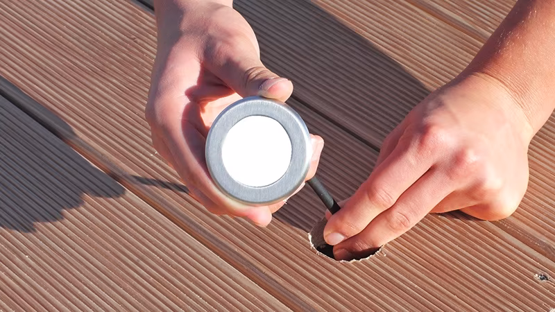 TerraLight spot individuel rond Ø 60, inox V4A brossé, blanc chaud Finger, Person, Holz, Photographie, Deck