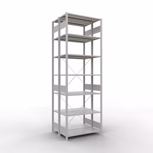 Une autre vue de l'article étagère de base, étagère double, système d'étagère enfichable MULTIplus150, 3000 x 1000 x (2x800) mm, 2x7 étagères, RAL 7035 gris clair de la catégorie étagères