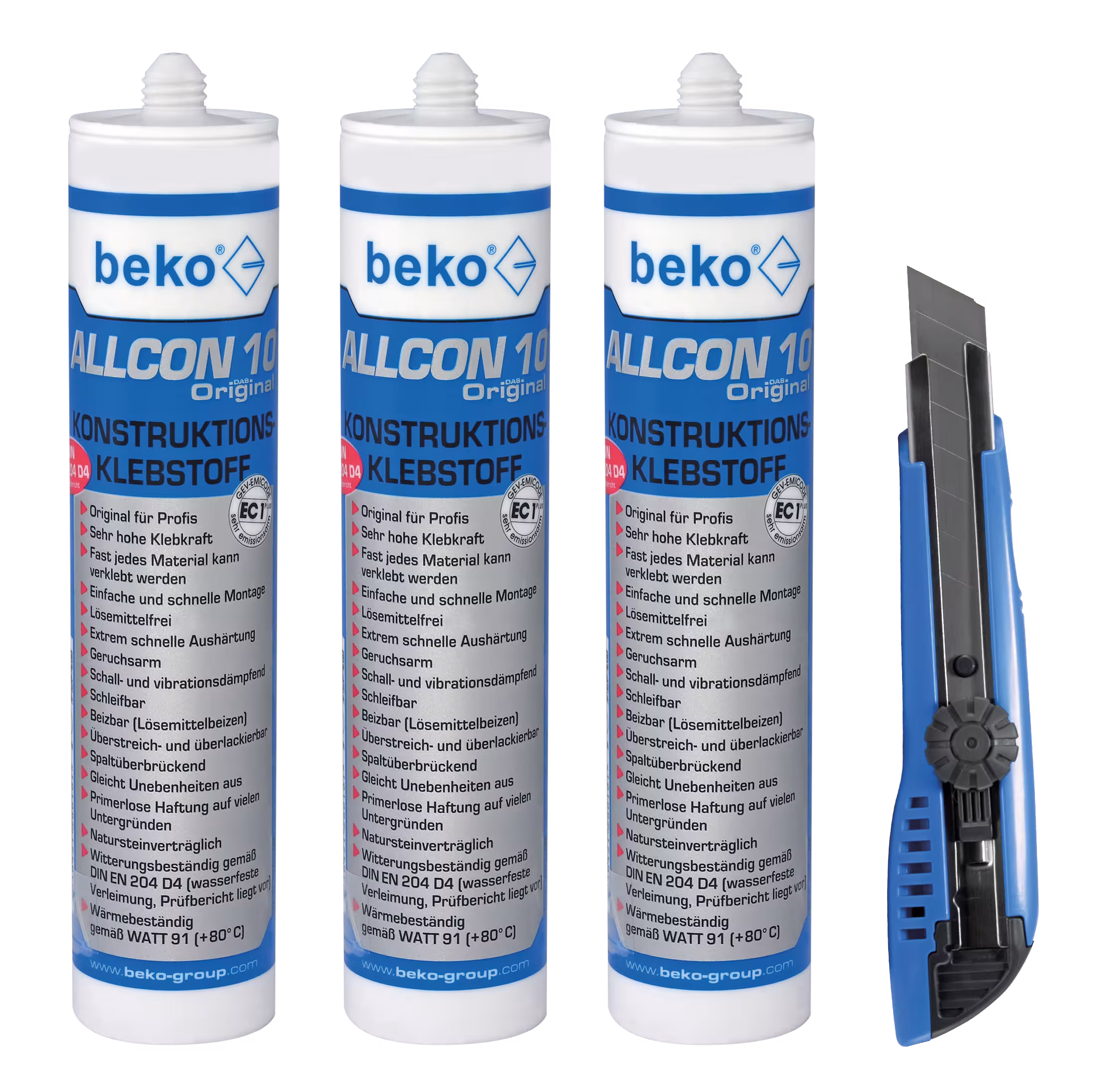 3 x Allcon 10® 310 ml, 1 x taglierino giapponese blu incl. 3 lame di Beko 3 x Allcon 10® 310 ml, 1 x taglierino giapponese blu incl. 3 lame dalla categoria adesivi di montaggio con l'articolo n. 999 95 033