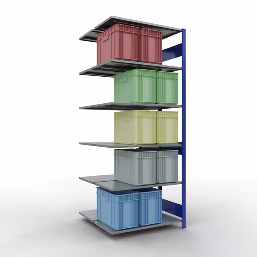 Une autre vue de l'article Étagère supplémentaire, étagère double, étagère système enfichable MULTIplus150, 2500 x 1000 x (2x500) mm (HxLxP), 2x6 étagères, barres de longueur, RAL 5010 bleu gentiane Une autre vue de l'article Étagère complémentaire, étagère double, système d'étagères MULTIplus150, 2500 x 1000 x (2x500) mm, 2x6 étagères, RAL 5010 bleu gentiane de la catégorie étagère