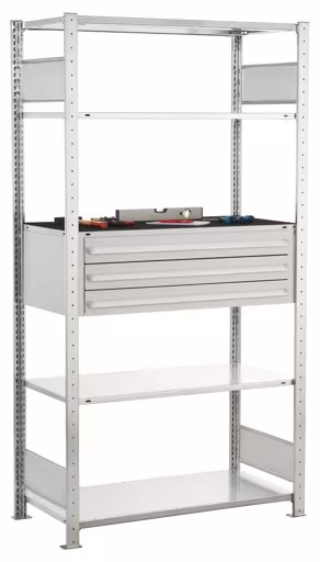 Étagère de base, étagère à tiroirs MULTIplus150, 2000 x 1000 x 500 mm (HxLxP), 4 étagères MULTIplus150, 1 jeu de 3 tiroirs, galvanisé de Schulte Lagertechnik Étagère de base, étagère à tiroirs MULTIplus150, 2000 x 1000 x 500 mm (HxLxP), 4 étagères MULTIplus150, 1 jeu de 3 tiroirs, galvanisé, étagères à tiroirs, réf. 14680