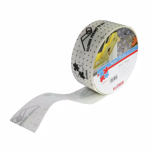 Nastro adesivo trasparente PERMO TR plus, larghezza 60 mm, rotolo da 25 m della Klöber Nastro adesivo trasparente PERMO TR plus, larghezza 60 mm, rotolo da 25 m, sottofondi e barriere al vapore, articolo n. KU0121-1