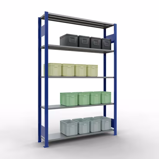 Image supplémentaire de l'article Étagère de base, étagère, système enfichable MULTIplus150, 2000 x 1300 x 300 mm (HxLxP), 5 étagères, barre de longueur, RAL 5010 bleu gentiane/galvanisé Image supplémentaire de l'article Étagère de base, étagère, système enfichable MULTIplus150, 2000 x 1300 x 300 mm, 5 étagères, RAL 5010 bleu gentiane/galvanisé à partir de l'étagère de base