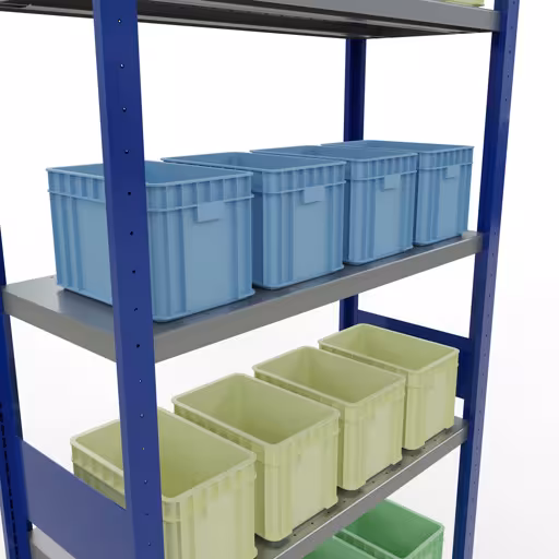 Image du produit n° 15 de l'article étagère de base, étagère, système enfichable MULTIplus330, 3000 x 1000 x 400 mm, 7 étagères, barres de longueur, RAL 5010 bleu gentiane/galvanisé Figure n° 15 de l'article étagère de base, système d'étagères enfichables MULTIplus330, 3000 x 1000 x 400 mm, 7 étagères, RAL 5010 bleu gentiane/galvanisé du groupe de produits système enfichable de Schulte Lagertechnik