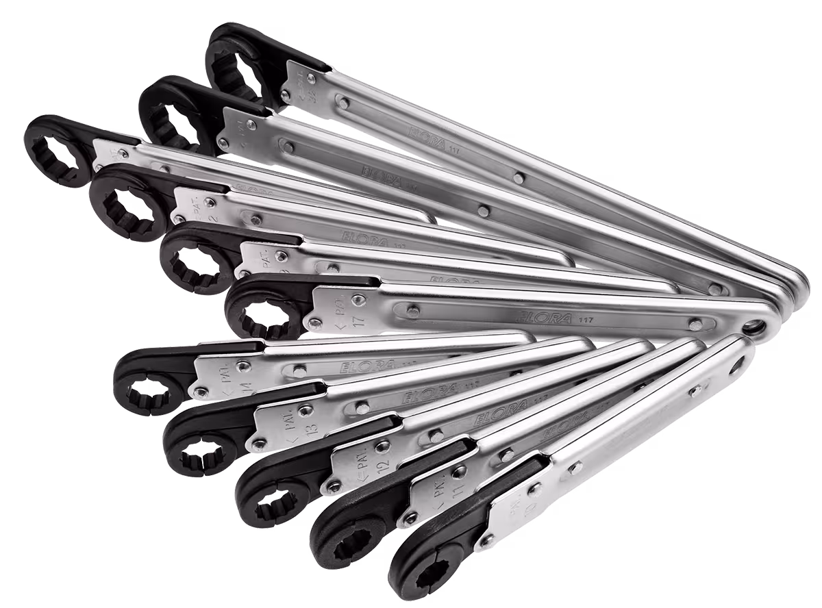 Set chiavi combinate a cricchetto, snodate, 11 pezzi 10-32 mm 117 S11 di ELORA Set di chiavi combinate a cricchetto, pieghevoli, ELORA-117 S della categoria chiavi combinate con articolo n. 0117500111000