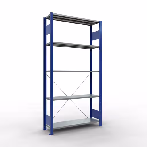 Étagère de base, étagère, système enfichable MULTIplus85, 2000 x 1000 x 300 mm (HxLxP), 5 étagères, traverse, RAL 5010 bleu gentiane, étagère de base, réf. 13130-B