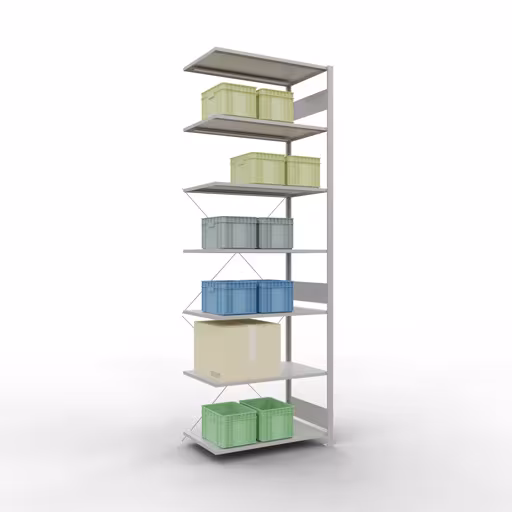 Scaffali aggiuntivi, scaffali, sistema a innesto MULTIplus85, 3000 x 1000 x 600 mm (AxLxP), 7 ripiani, traversa, RAL 7035 grigio chiaro di Schulte Lagertechnik con l'articolo n. 33067