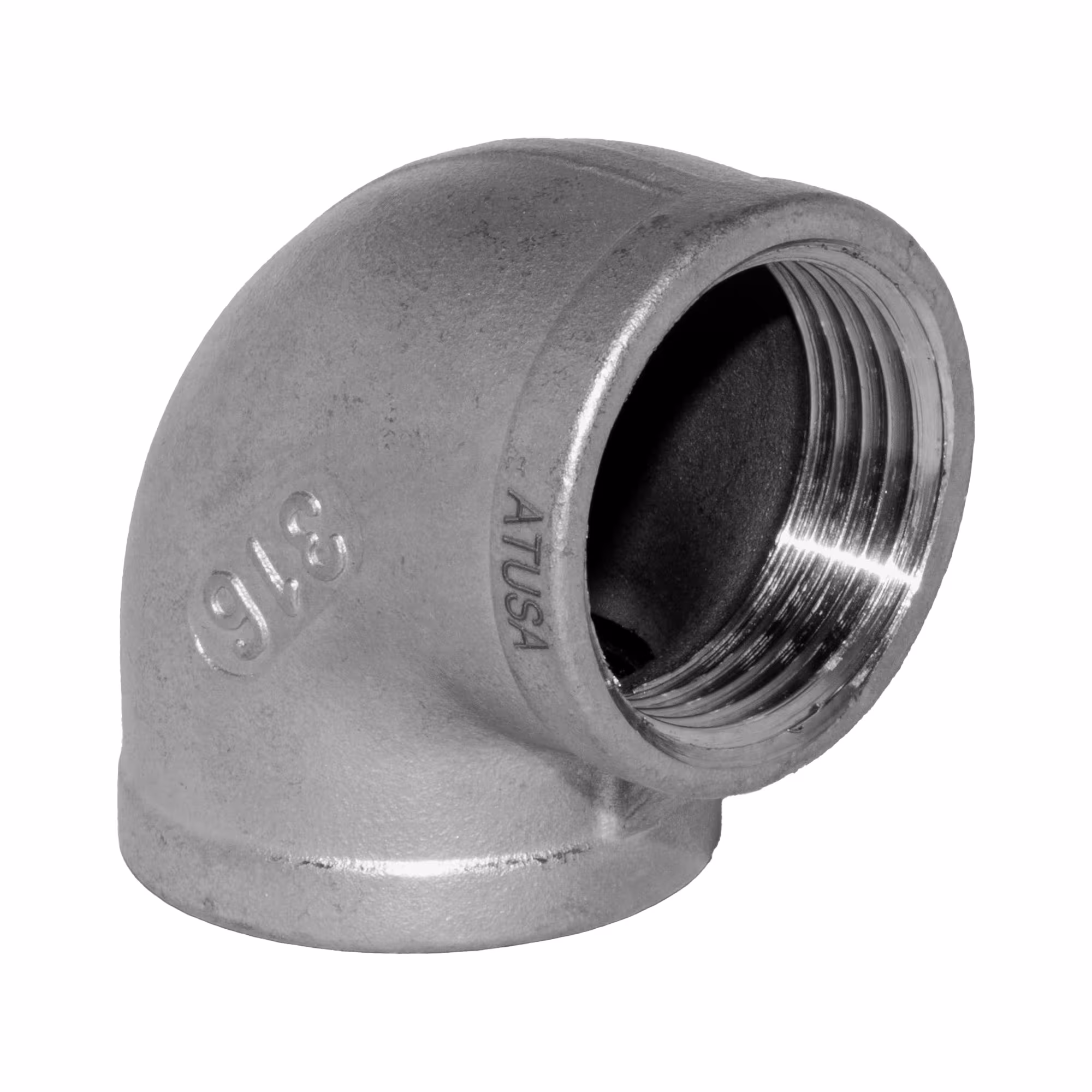 Angle d'entrée/sortie en acier inoxydable n° 90, 1/2 pouce (AISI 316) / PN16 d'Atusa Équerre en acier inoxydable i/i n° 90, 1/2 pouce (AISI 316) / PN16 de la catégorie des raccords filetés en acier inoxydable avec le numéro d'article. I090L003