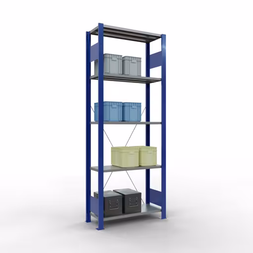 Scaffale base, scaffale, sistema a innesto MULTIplus150, 2000 x 750 x 300 mm (AxLxP), 5 ripiani, traversa, RAL 5010 blu genziana/zincato/zincato della marca Schulte Lagertechnik della gamma sistemi a innesto