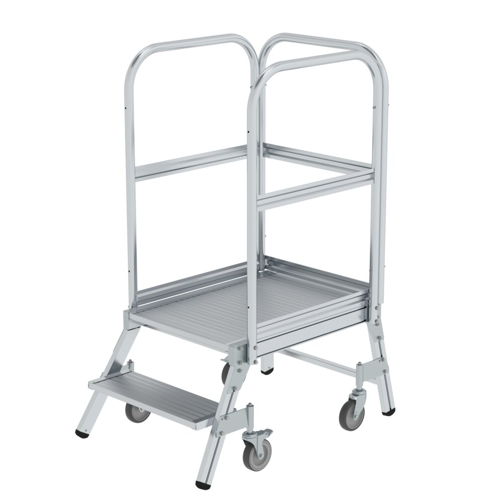 Escalier à plateforme Munk, accessible d'un seul côté, avec rouleaux à ressort, en aluminium nervuré, 2 marches, par Günzburger Steigtechnik Escalier à plateforme Munk, accessible d'un seul côté, avec roulettes à ressort, en aluminium nervuré, de la catégorie « Escaliers à plateforme », référence 050102