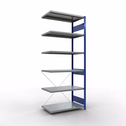 Scaffale aggiuntivo, scaffale, sistema a innesto MULTIplus250, 2500 x 1000 x 600 mm (AxLxP), 6 ripiani, traversa, RAL 5010 blu genziana/zincato, ripiano aggiuntivo, articolo n. 12966-B